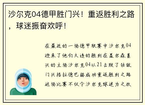 沙尔克04德甲胜门兴！重返胜利之路，球迷振奋欢呼！