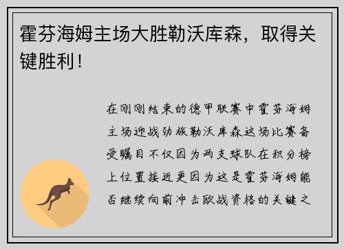 霍芬海姆主场大胜勒沃库森，取得关键胜利！