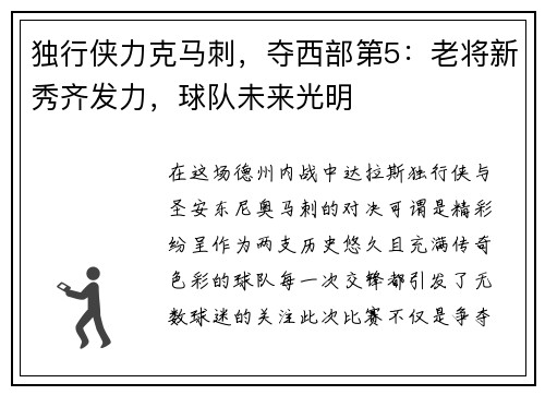 独行侠力克马刺，夺西部第5：老将新秀齐发力，球队未来光明